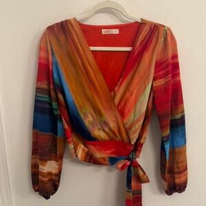 Intempo multicolor sunset print wrap blouse small